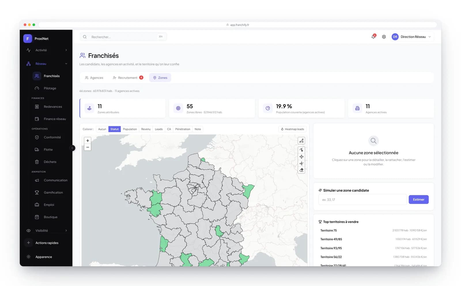 Franchify territory screen: map of the network's assigned and free zones